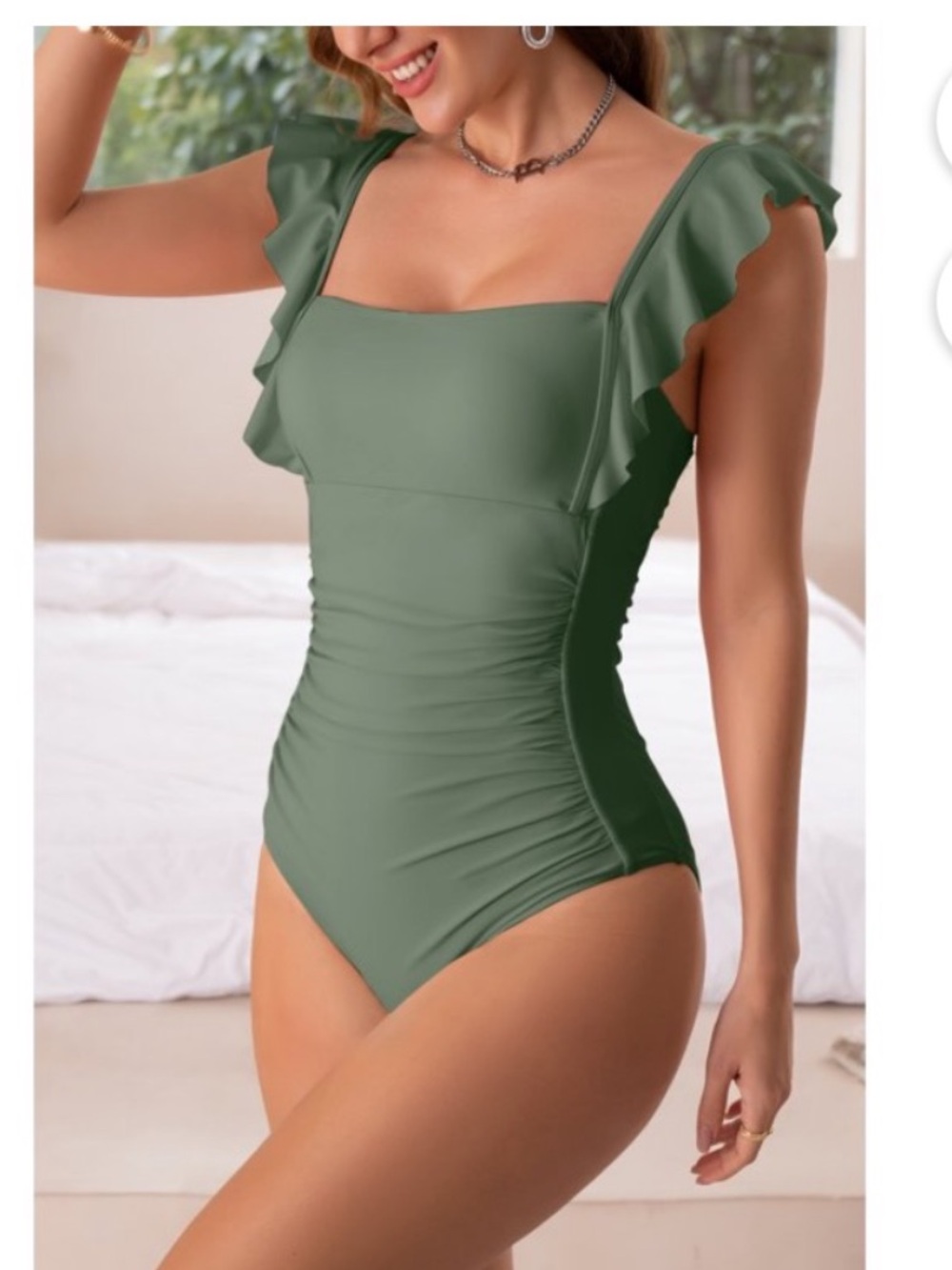 Eomenie 2XL Olive Green Tummy Control Ruffle One Piece Swimsuit NWT